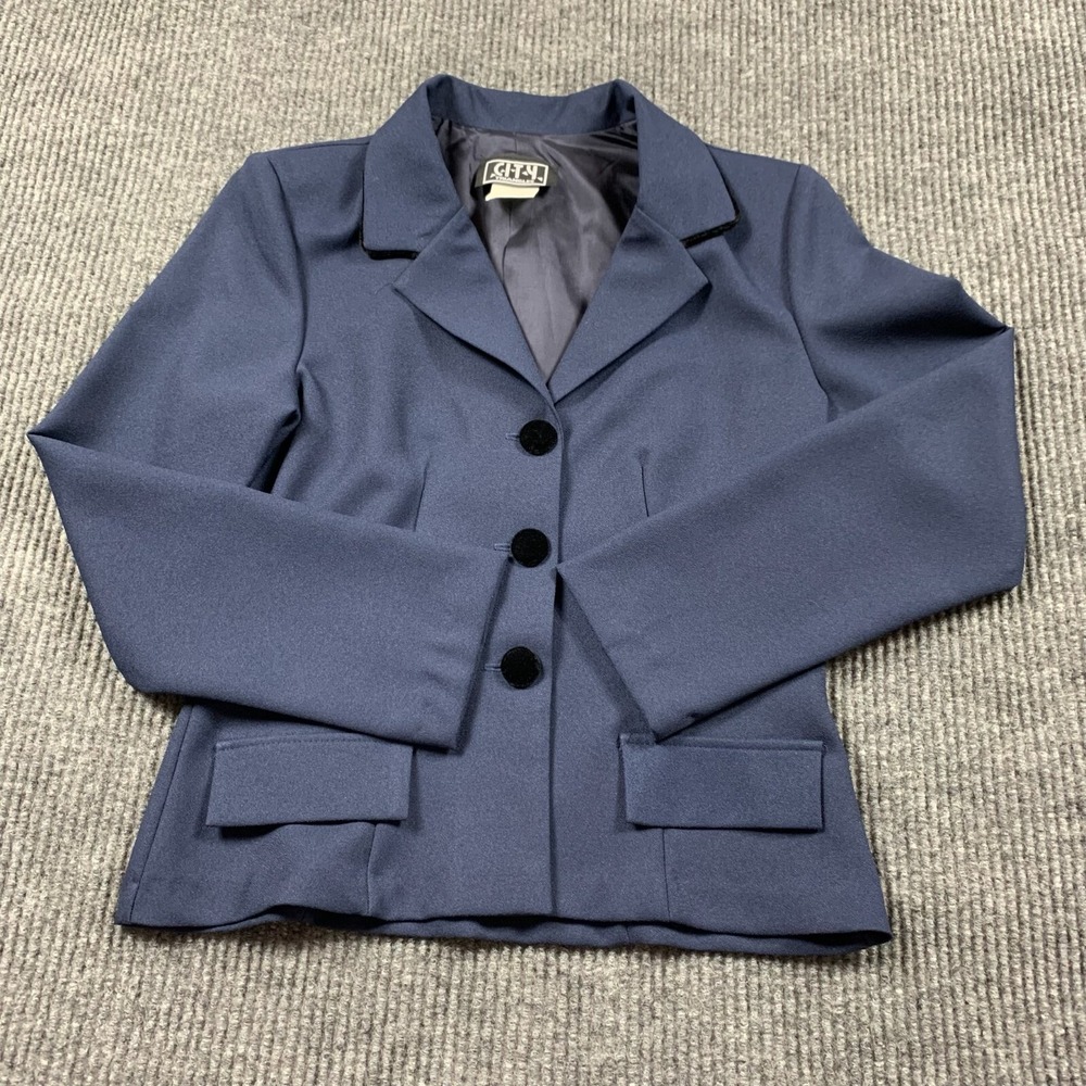 VTG City Triangles Blazer Womens 7 or 8 Blue Stretch Single Breasted Retro‎ USA